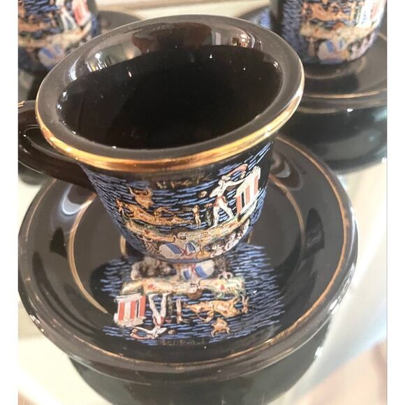 24k Gold Greek Krete Demistasse Teacups & Saucer Handmade in Greece Black/Gold - Picture 5 of 9